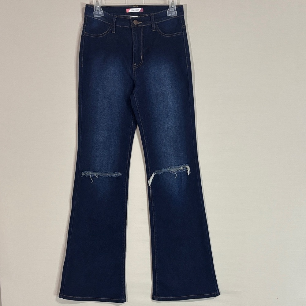 Vibe & Rant Y2K Flare Jeans Distressed Dark Wash Size 7 W28